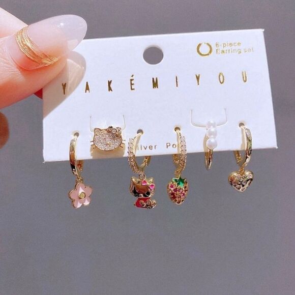 14K Gold Plated Sanrio Hello Kitty Huggie Hoop Dangle Mismatched Set Earrings - Picture 2 of 3